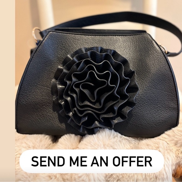 DS Handbags - NWT, Elegant Black Leather Bag with Floral Accent,